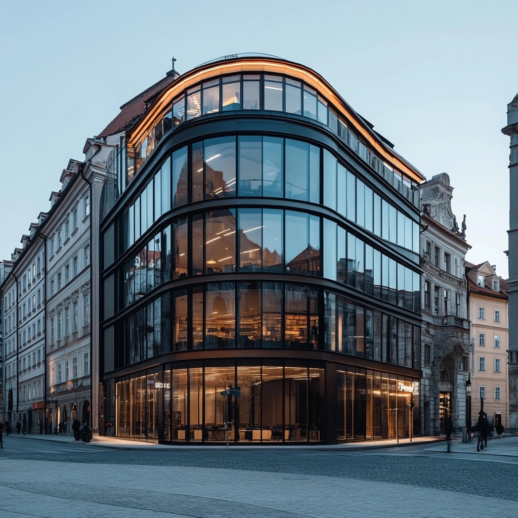 Curved glass office building at dusk